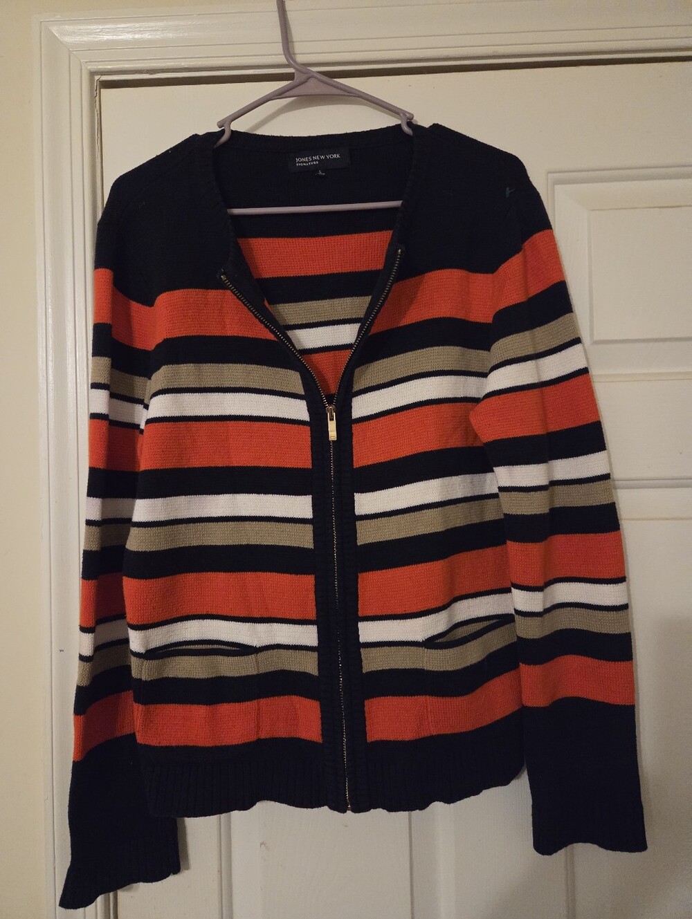 Jones New York Black and Orange Striped Knit Zip Jacket